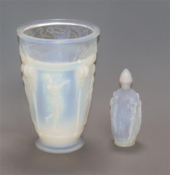 A Sabino opalescent blue glass scent bottle and stopper and a chipped vase tallest 23cm